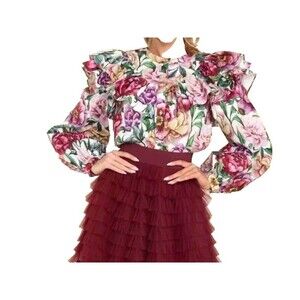 AURA Floral Ruffle Puff Sleeve Top Large Women’s Cotton Prairie Cottagecore NWT